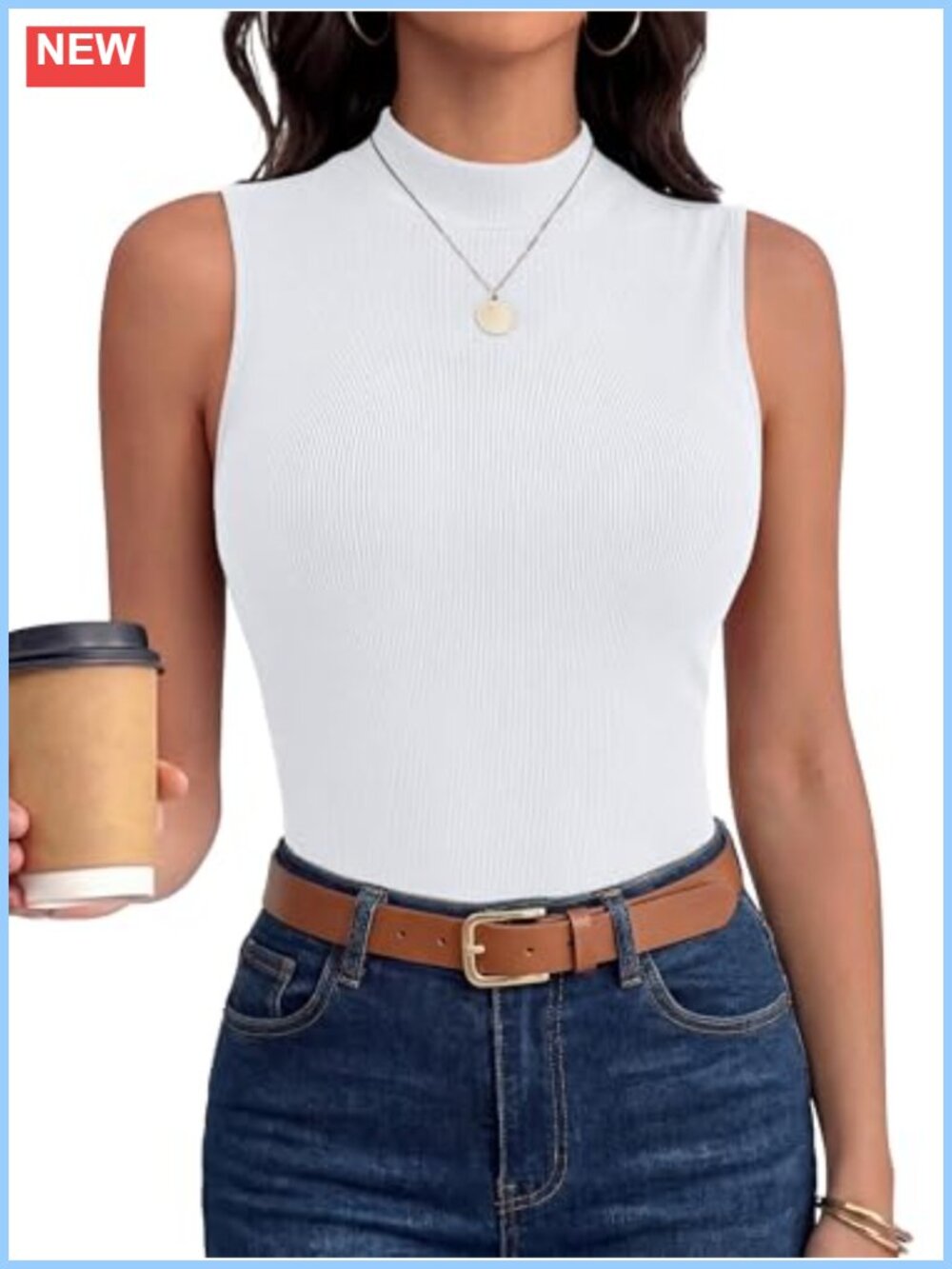 Ribbed Mock Neck Slim Tank Top Sleeveless Basic Summer Shirt